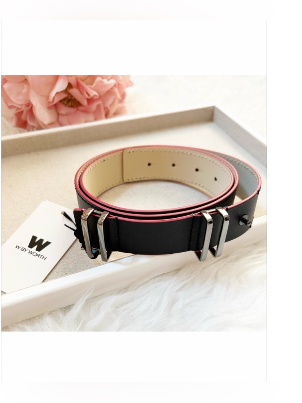 W by WORTH NEW YORK • Black Italian Leather Belt with Red Trim & Silver Hardware